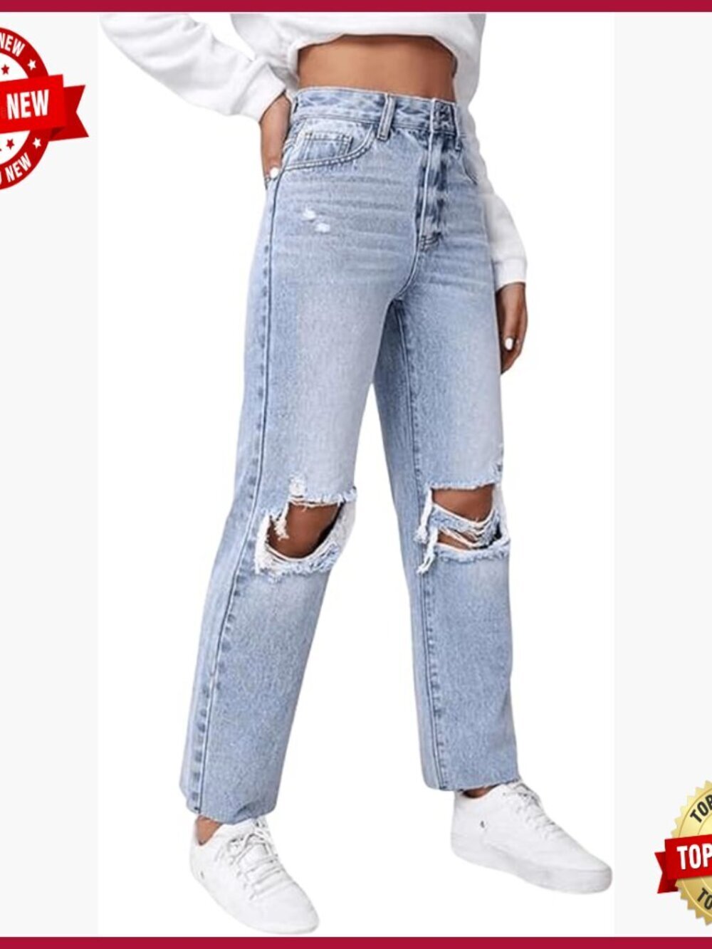High Waist Ripped Distressed Cropped Jeans Straight Leg Denim Pants
